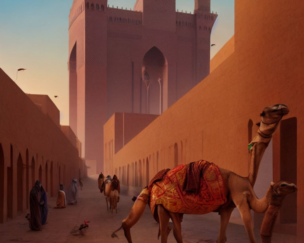 Middle Eastern street scene with people, camels, minarets, and sandy buildings