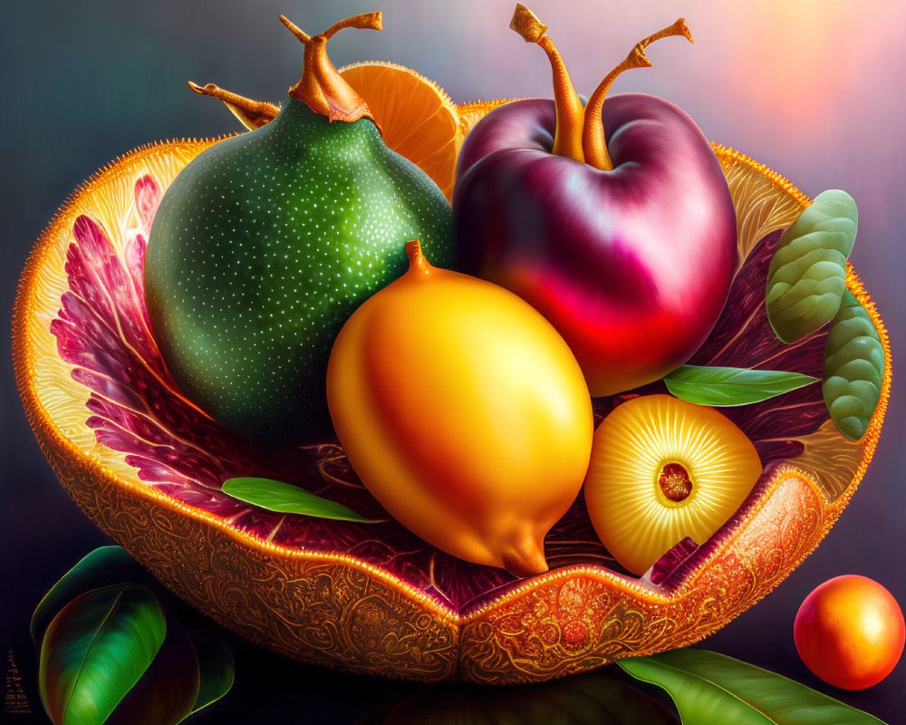 Colorful digital painting of a fruit bowl with pear, lemon, apple, and decorative leaves.