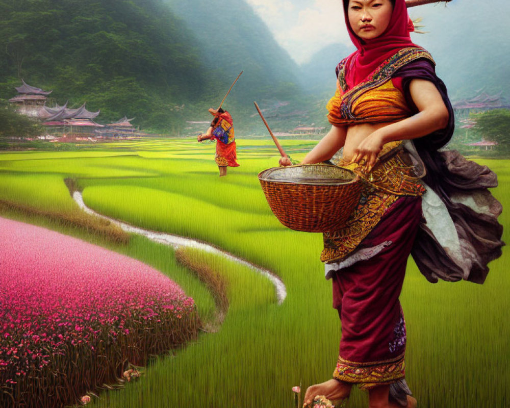 Traditional attire woman in vibrant field with basket, another figure in lush greenery.