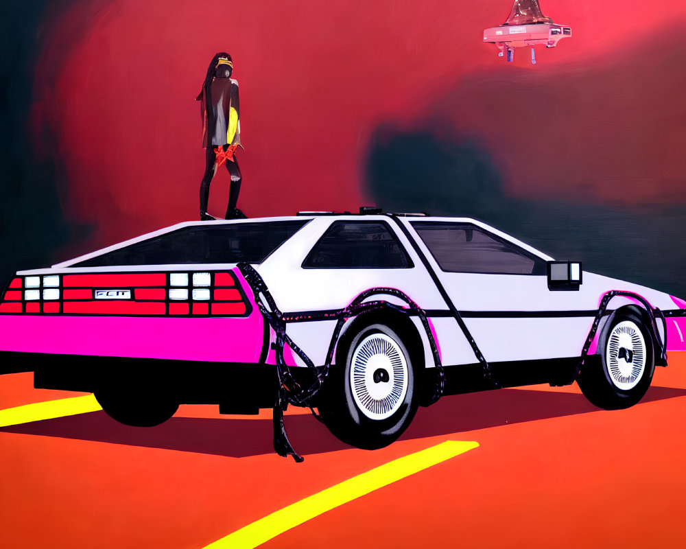 Stylized image of person on DeLorean with person on pink platform