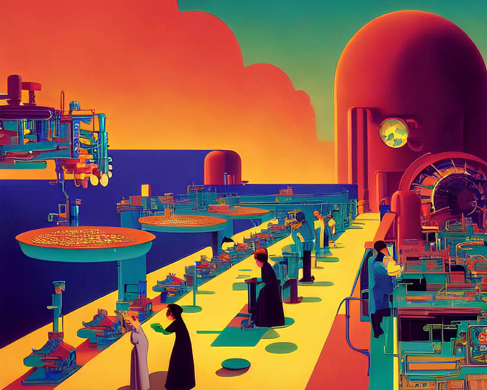 Colorful futuristic factory with workers in long robes under vibrant sky