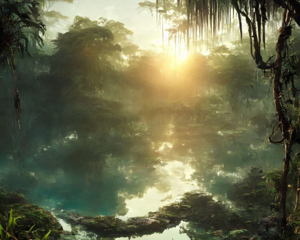 Misty forest sunrise over tranquil water surrounded by greenery