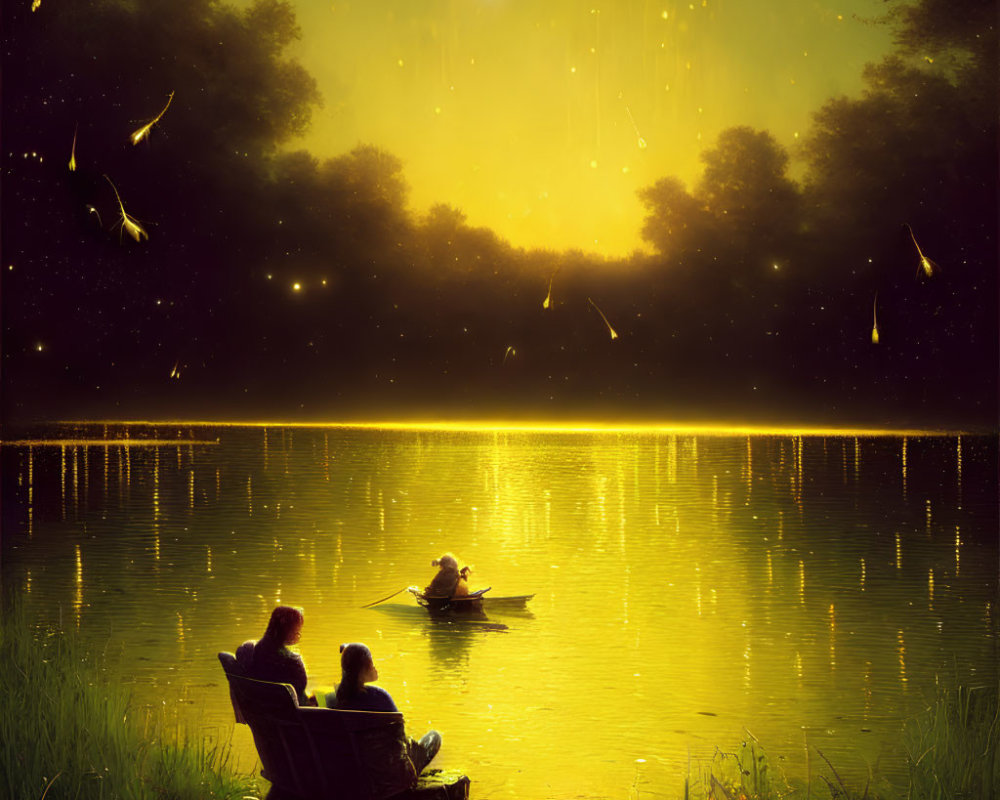 Nighttime scene: Two people in a boat on a calm lake surrounded by glowing fireflies and shining