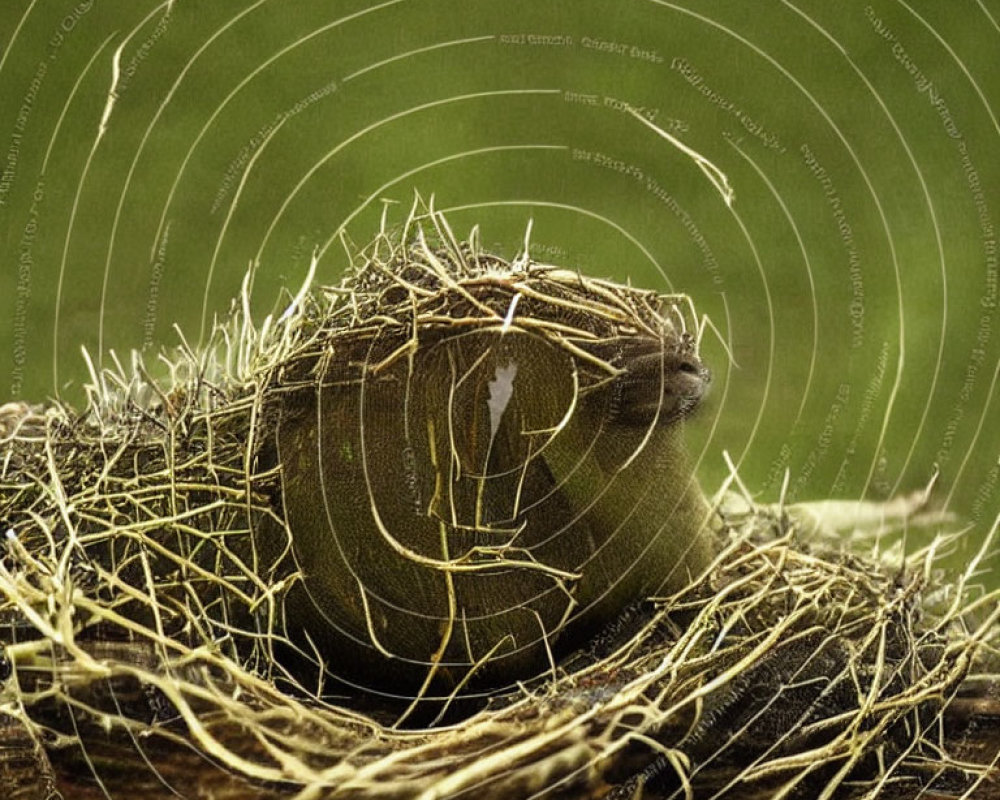 Intricately woven bird nest with swirling watermark.