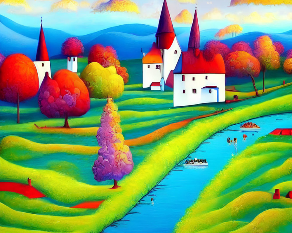 Colorful Trees, Serene River, Whimsical Clouds in Vibrant Landscape