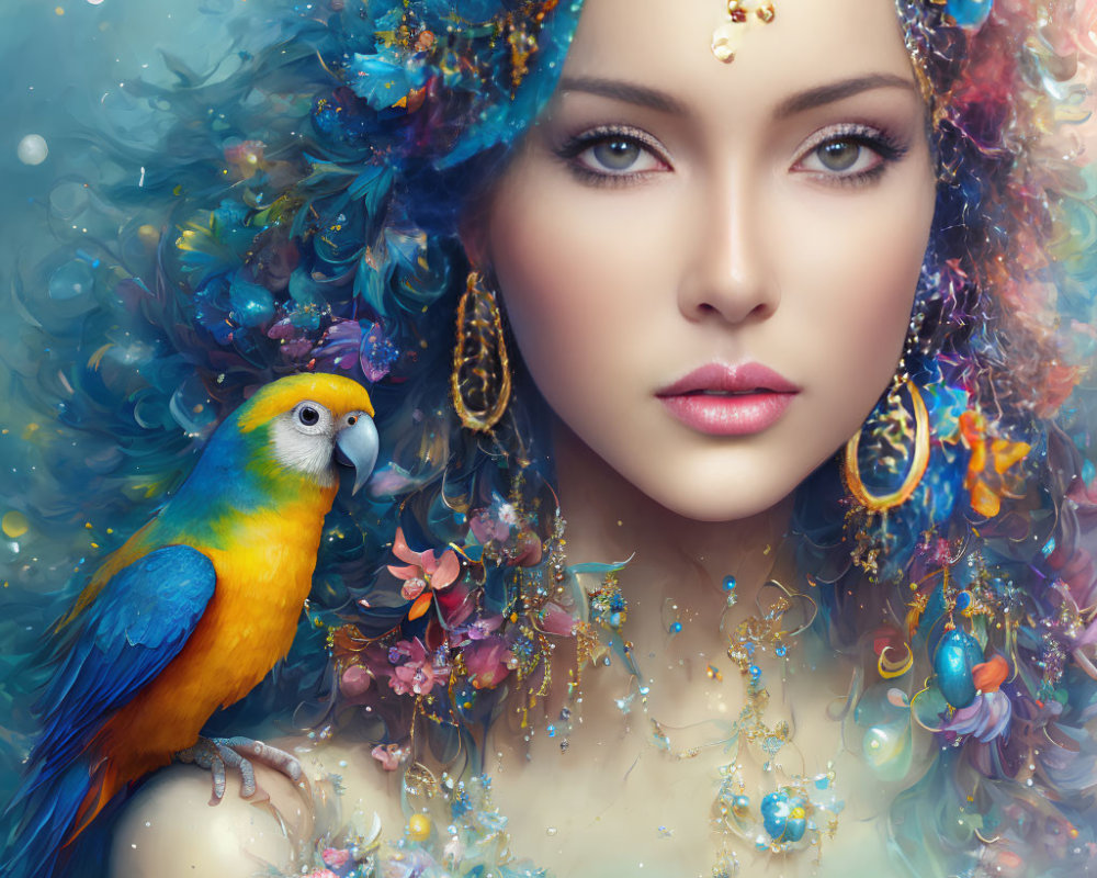 Colorful portrait of a woman with jewelry and parrot in surreal setting