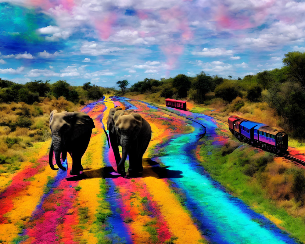 Vibrantly colored rainbow path with two elephants and whimsical train under dynamic sky