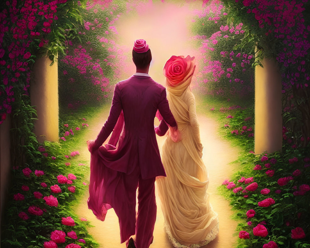 Couple Walking on Flower-Lined Path with Magical Aura