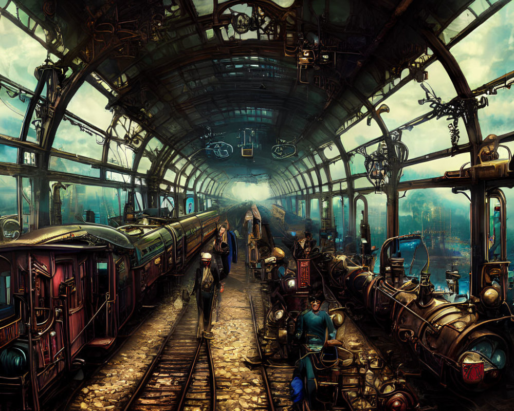 Vintage locomotives and ornate architecture at a steampunk train station.