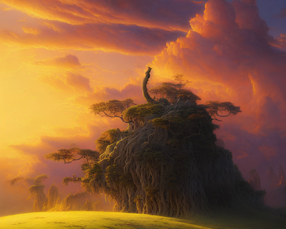 Lone giraffe in lush landscape under fiery orange sky