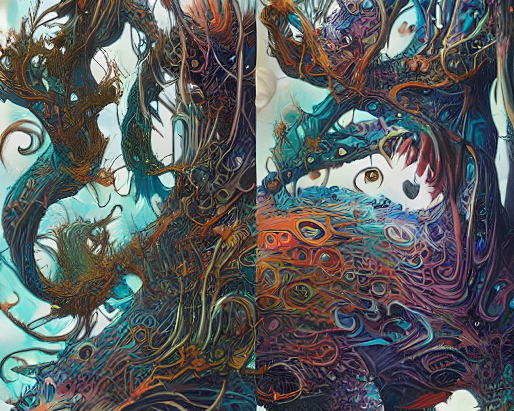 Symmetrical Artwork with Dragon-Like Creature and Organic Shapes