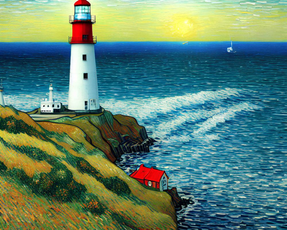 Colorful coastal painting with red lighthouse, cliff house, and boat under sunset