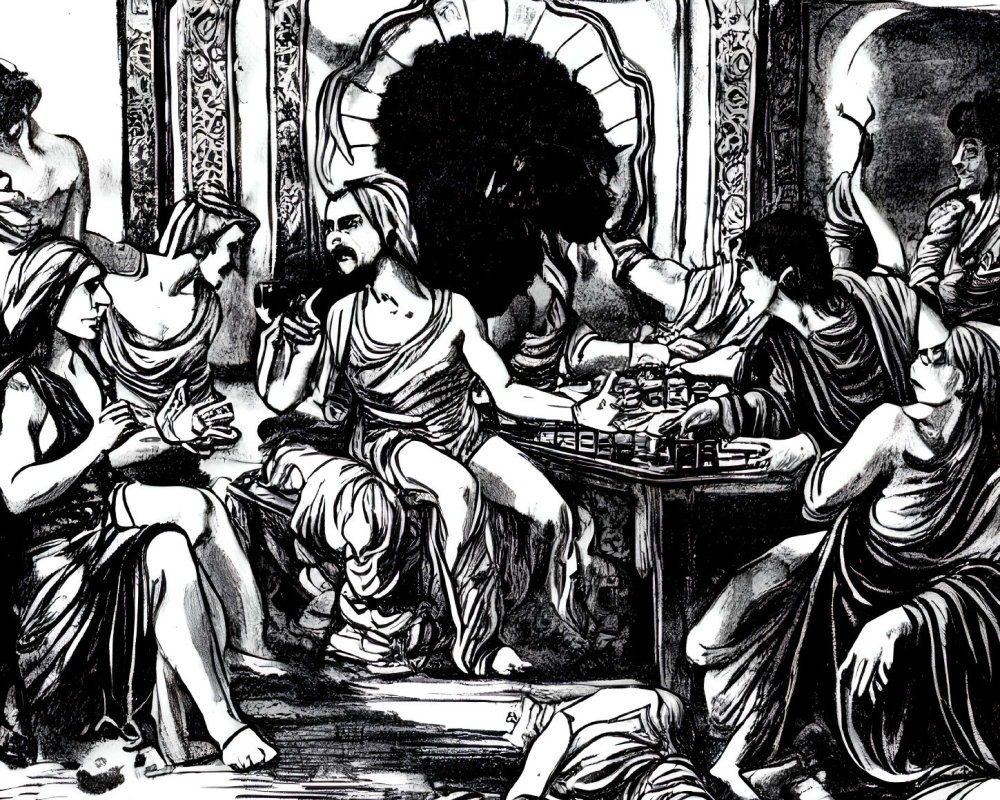 Monochrome illustration of ancient gathering with classical attire, conversation, eating, and drinking