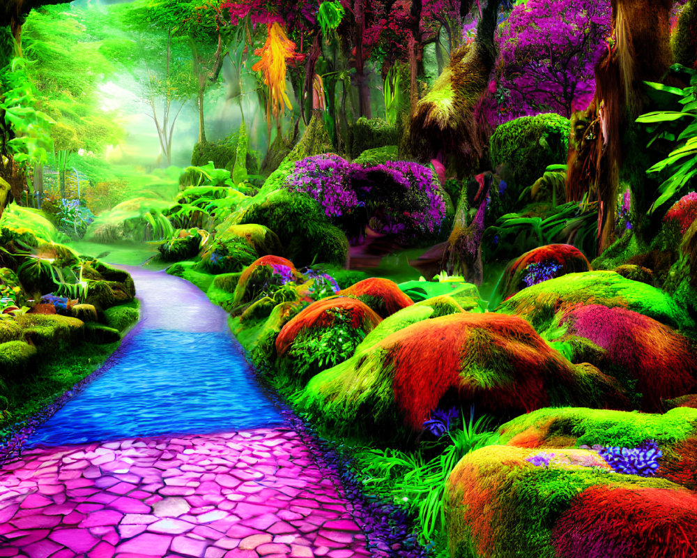 Colorful Fantasy Landscape with Cobblestone Path, Stream, and Ethereal Lighting