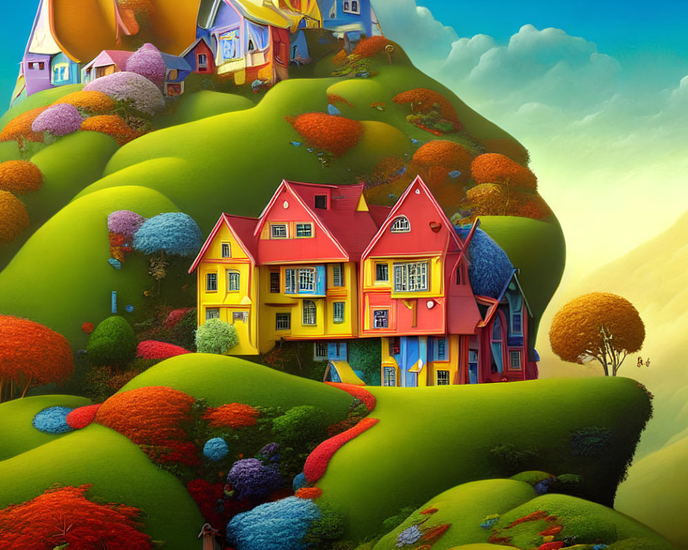 Vibrant storybook houses on rolling hills in whimsical landscape