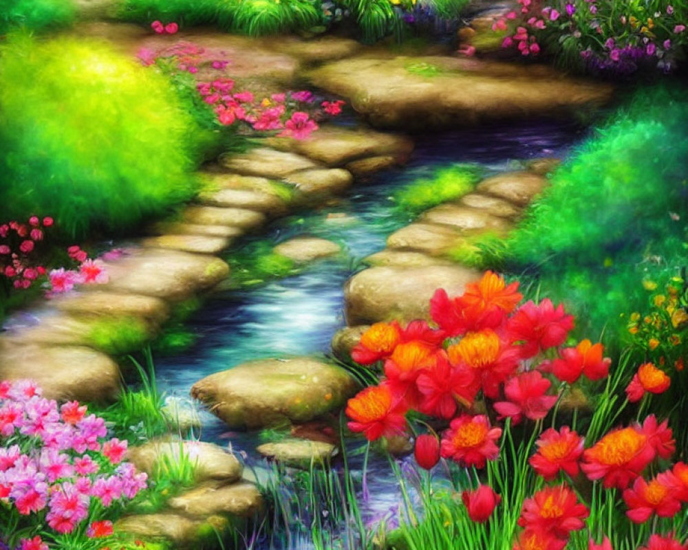 Lush garden with stone path and blooming flowers