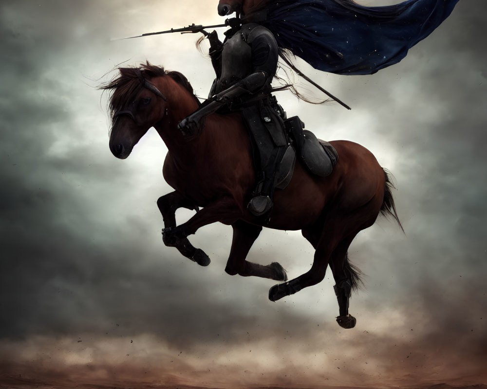 Armored knight on rearing horse with lance under dramatic sky