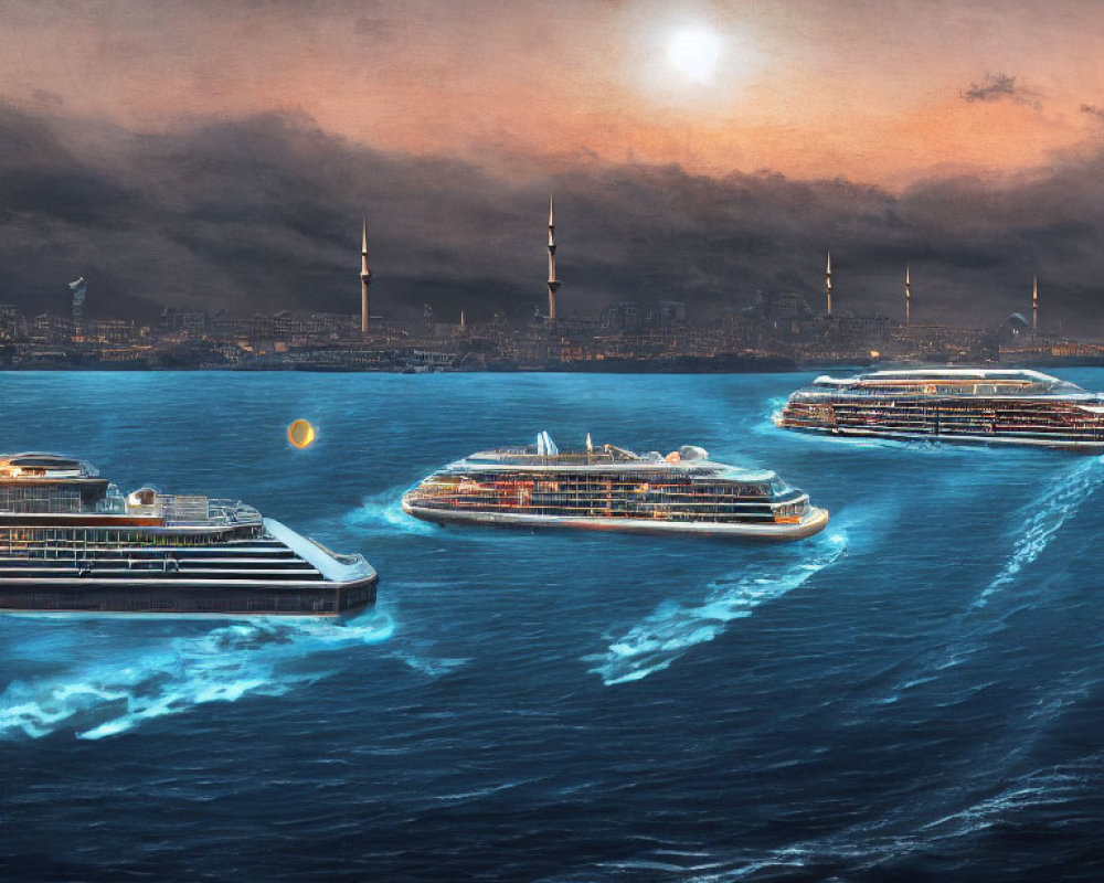 Three futuristic cruise ships on water with cityscape and industrial towers under evening sky.