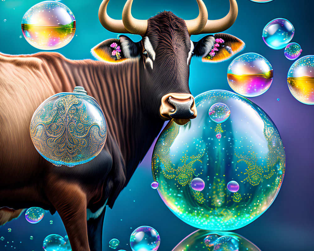 Colorful digital artwork: Brown bull in vibrant soap bubble scene