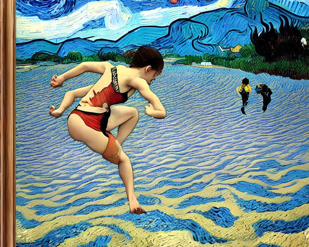 Child in Red and Black Swimsuit Playing in Starry Night Beach Scene