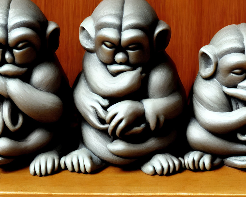 Three monkey figurines on wooden shelf