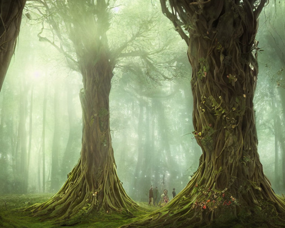 Mystical forest scene: Two people among giant trees and sunbeams