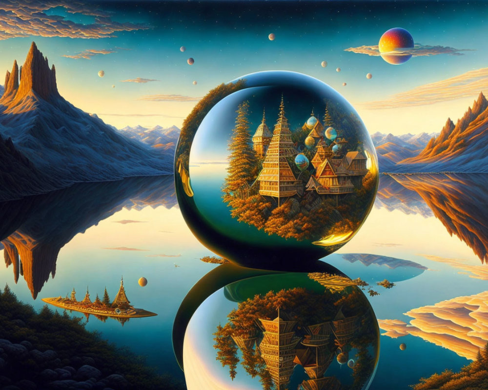 Fantasy landscape with reflective sphere, castle, mountains, lakes, planets, vibrant sky