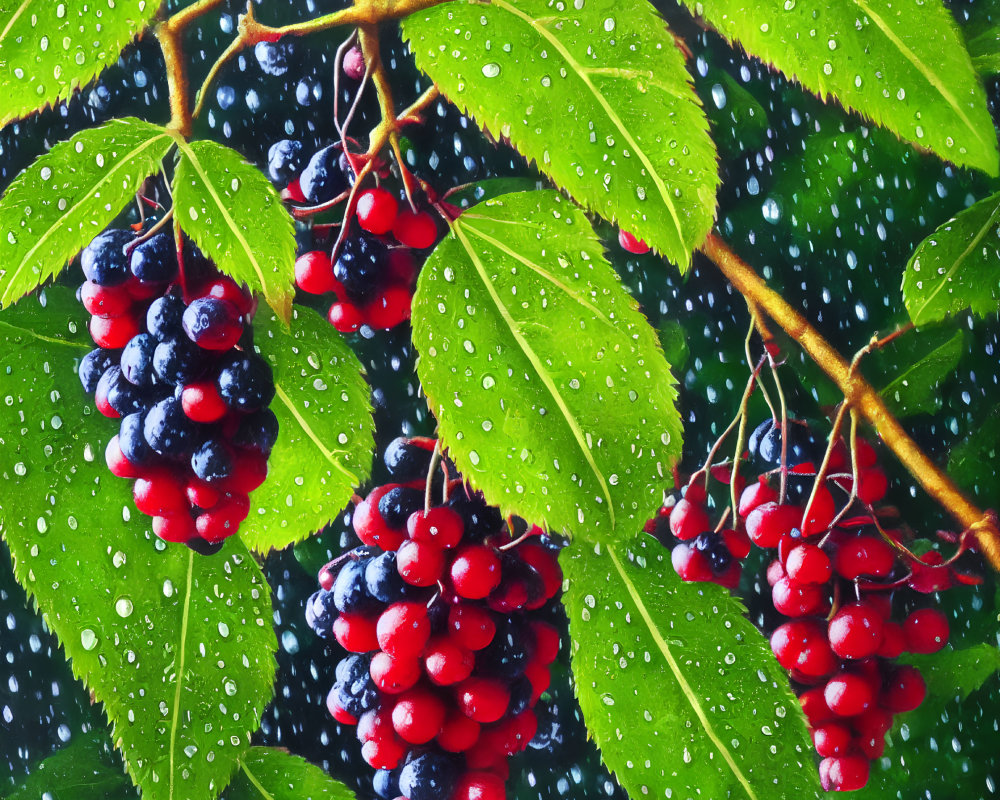 Fresh Elderberries on Branch with Water Droplets and Rainy Bokeh