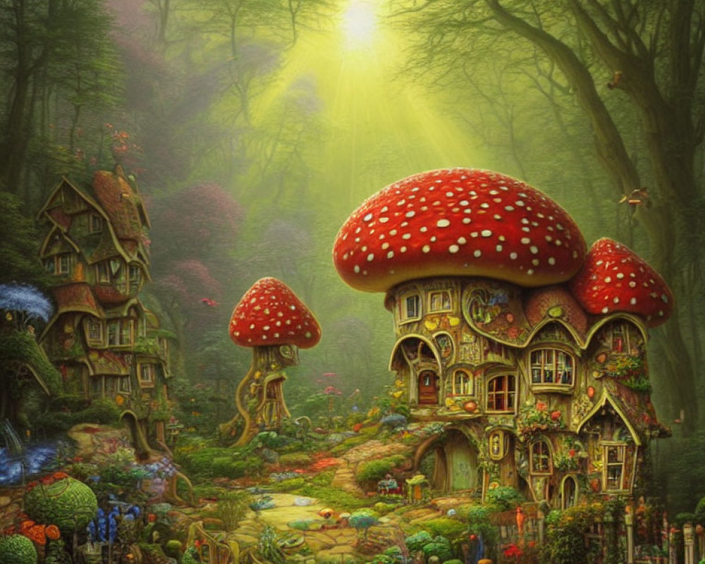 Enchanting forest scene with mushroom and tree houses in sunlight