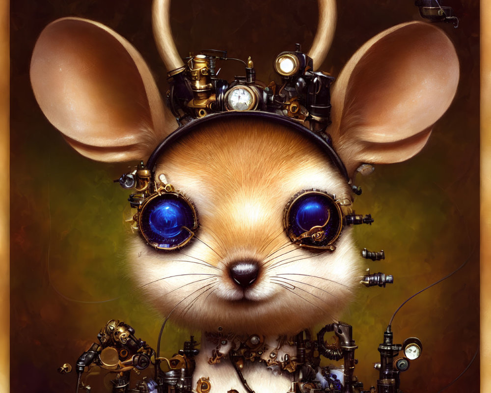 Steampunk mouse with blue goggle eyes and brass gears on warm backdrop