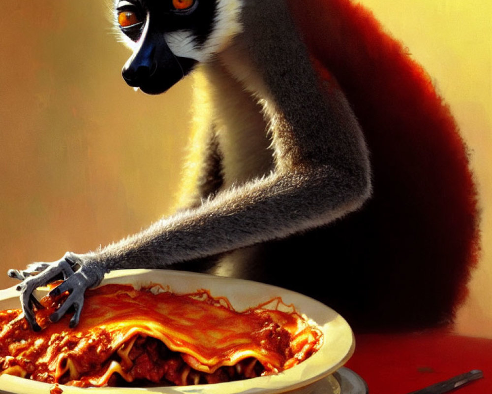 Ring-tailed lemur with human-like hand eyeing lasagna at table