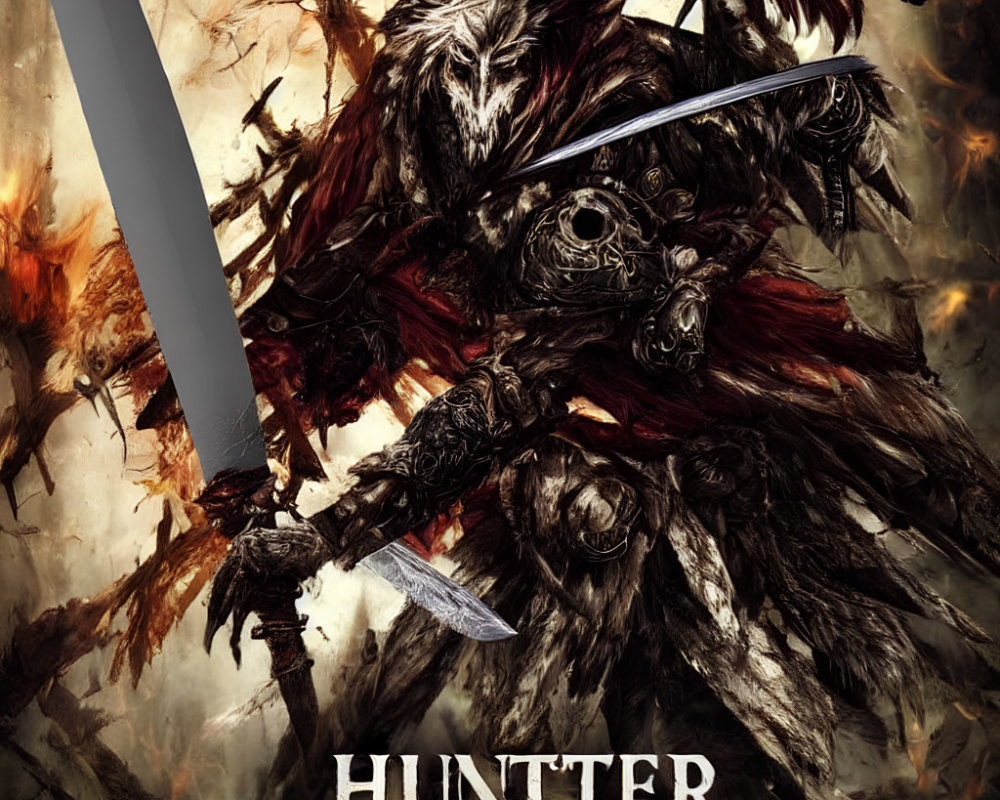 Dark-armored fantasy warrior wields swords in fiery chaos with mysterious text overlay