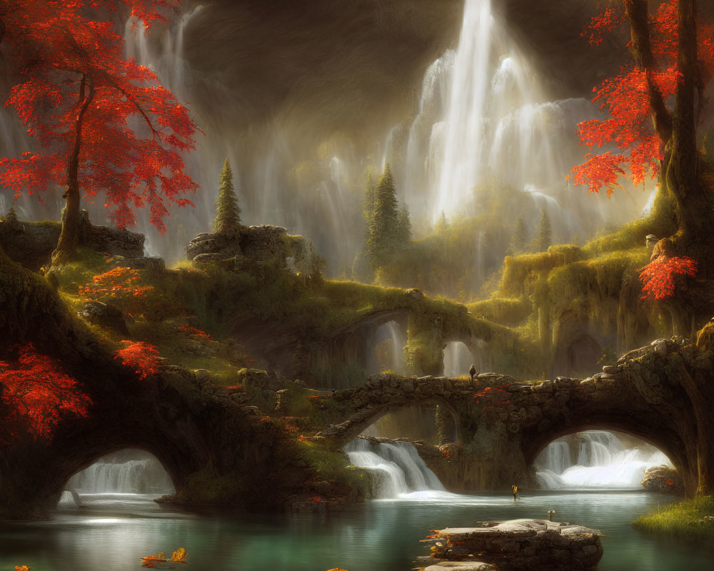 Majestic waterfall and autumn trees in serene landscape