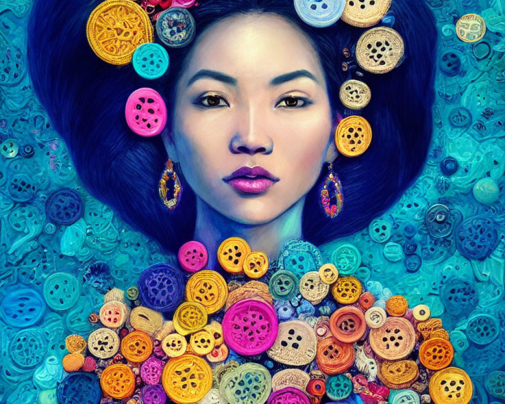 Colorful portrait of woman with blue hair and buttons against rich blue background