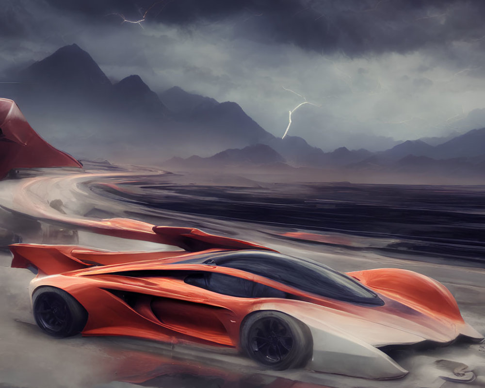 Futuristic orange and white car in stormy mountain landscape