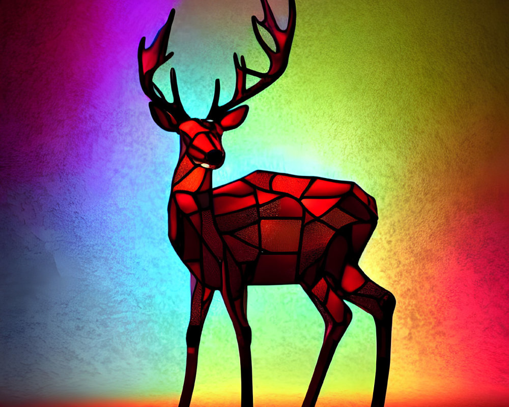 Vibrant red deer with antlers in stained glass effect