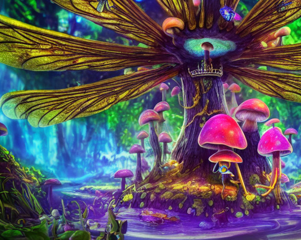 Detailed Dragonfly in Vibrant Fantasy Forest Scene