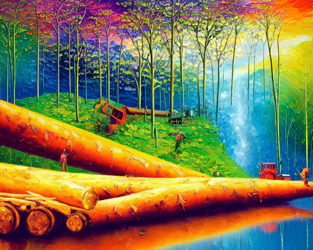 Colorful Forest Scene with Felled Logs, Peaceful Lake, and Tractor