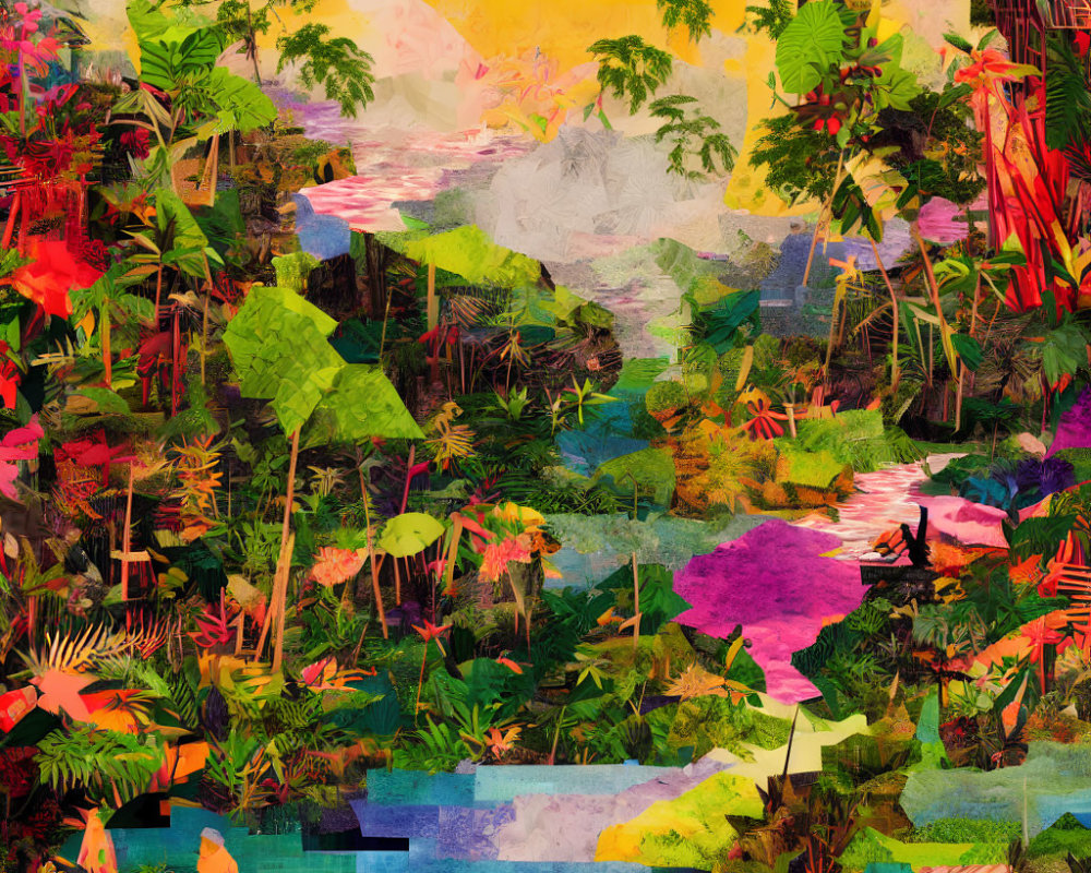 Colorful Tropical Digital Collage with Abstract Foliage