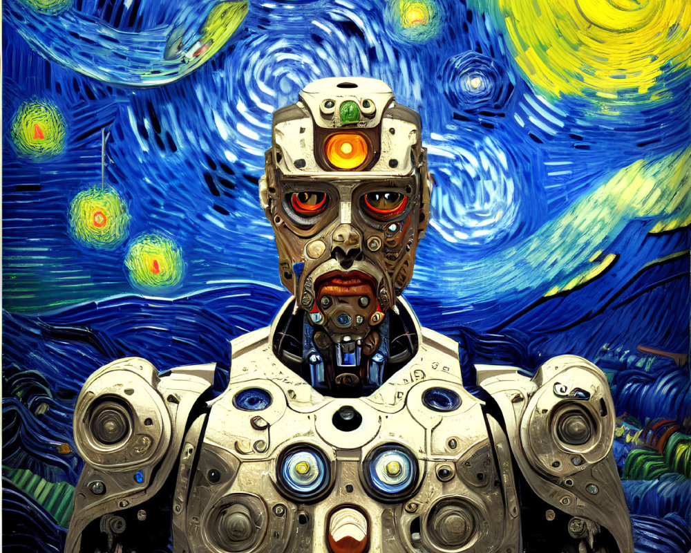 Humanoid robot with camera eyes in Van Gogh-inspired starry background