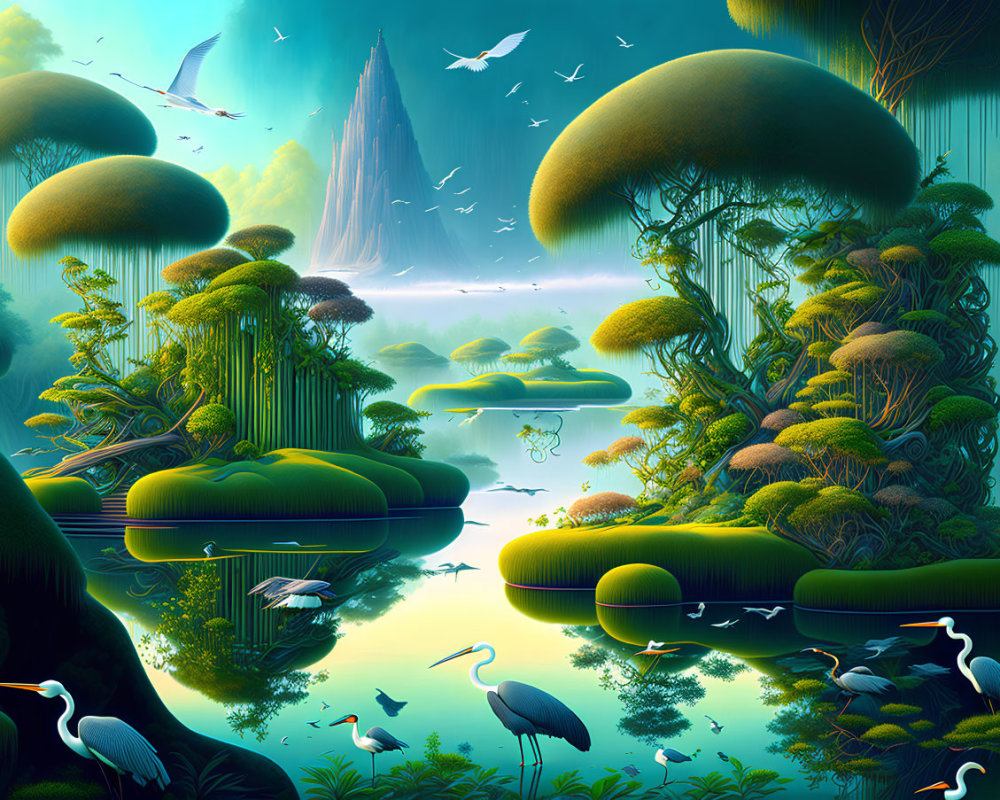 Lush greenery and oversized mushroom-like structures in vibrant ecosystem