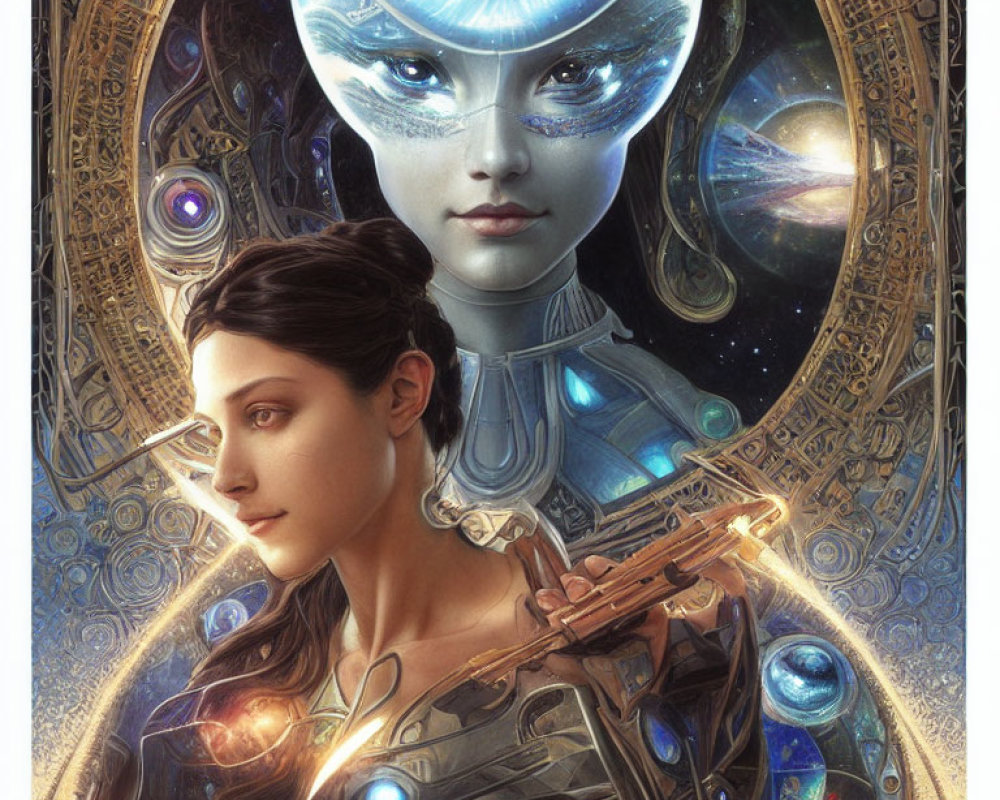 Futuristic cosmic woman with weapon and golden celestial motifs