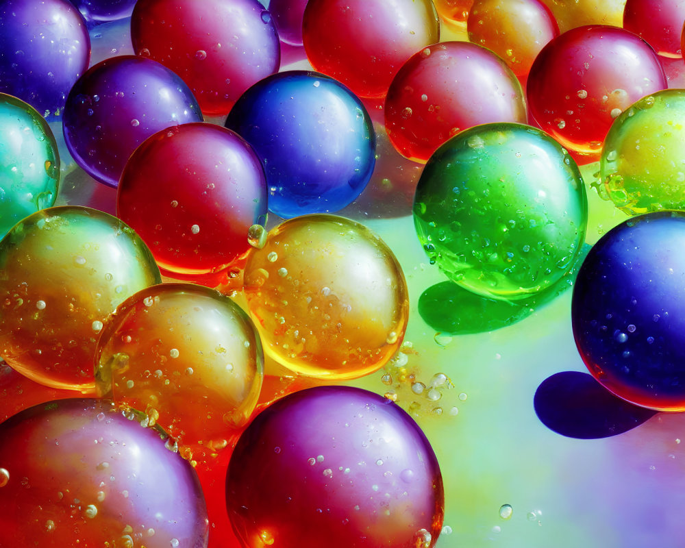 Vibrant Cluster of Colorful Translucent Spheres with Water Droplets