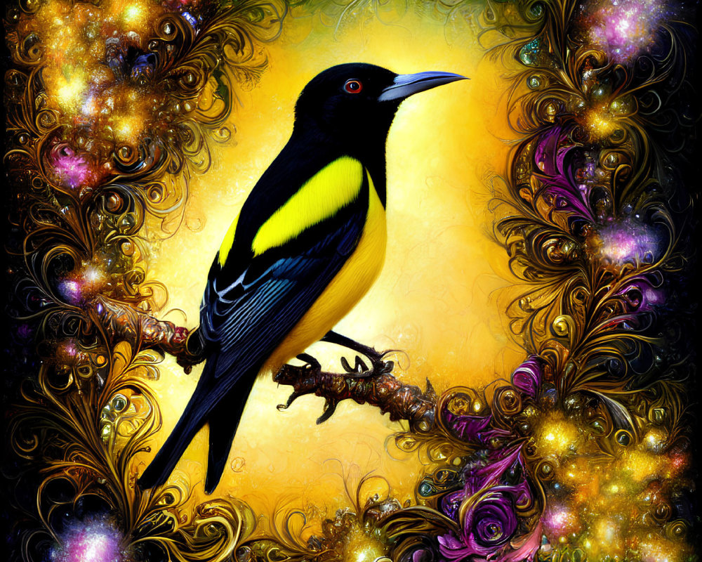 Colorful bird with yellow and black plumage on branch against vibrant cosmic background