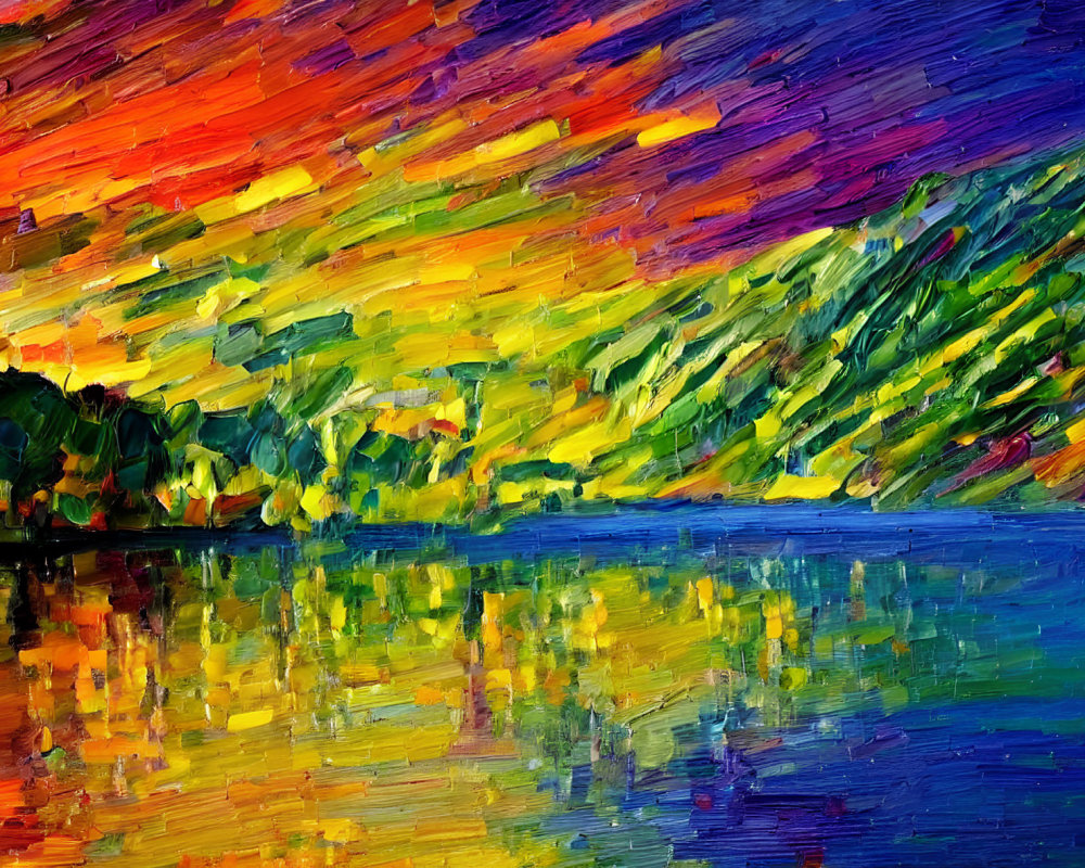 Sunset oil painting with bold strokes reflecting over calm lake