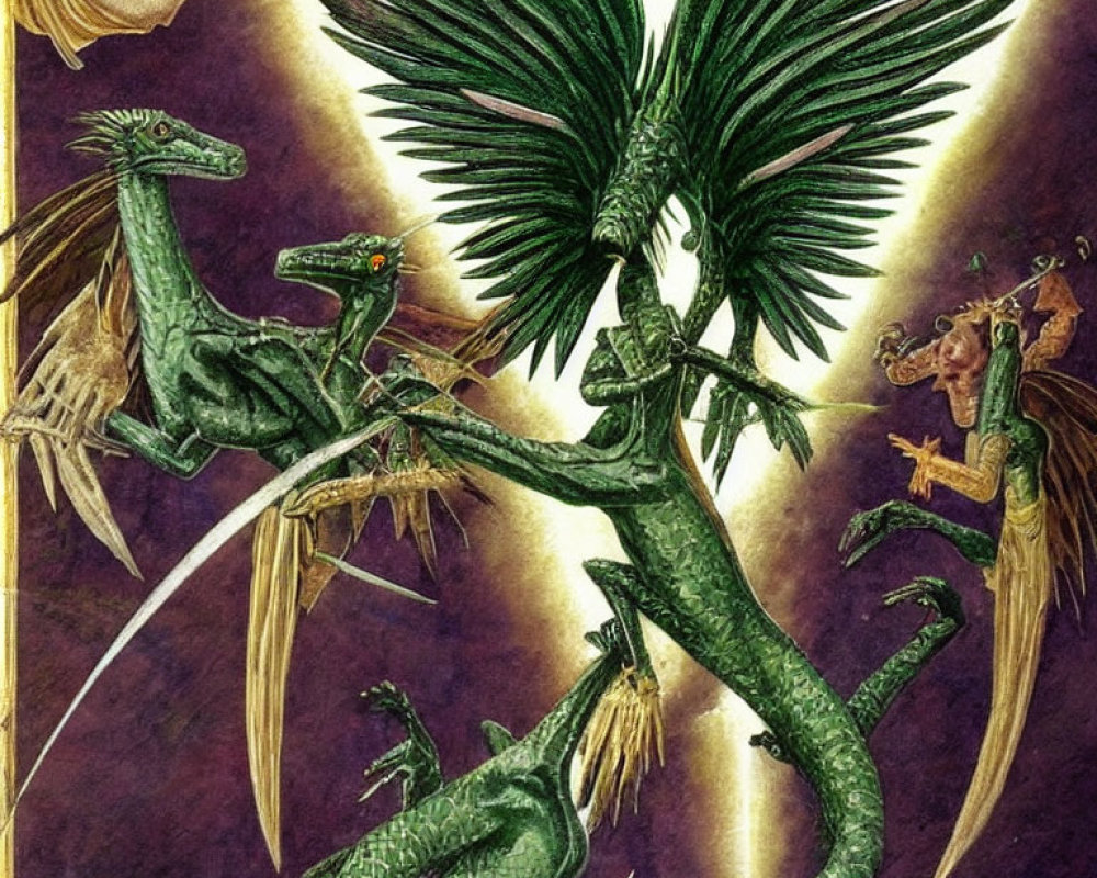 Fantastical illustration of green dragon, two smaller dragons, and fairy with dragon-like wings on purple