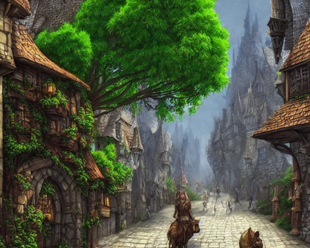 Detailed digital painting of medieval town street with cobblestones, buildings, trees, and townsfolk.