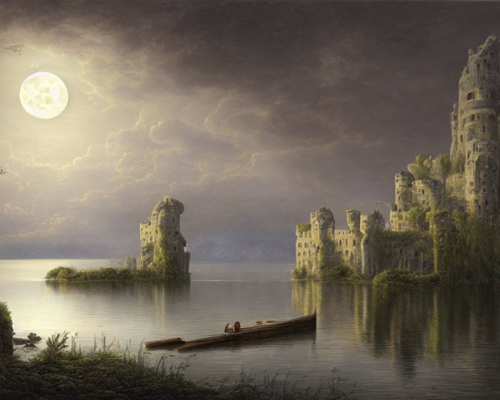 Moonlit lake scene with person in boat near crumbling medieval towers