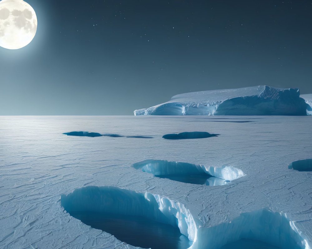 Full Moon Illuminating Arctic Nightscape with Icebergs