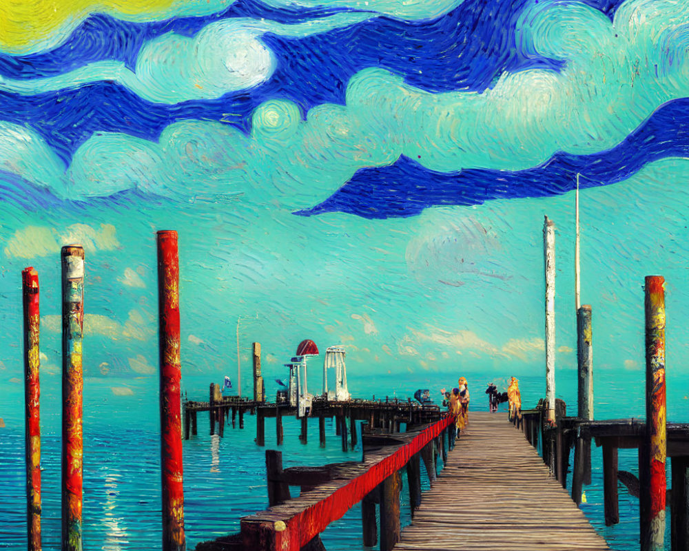 Colorful painting of wooden dock by the sea with swirling skies and people walking.